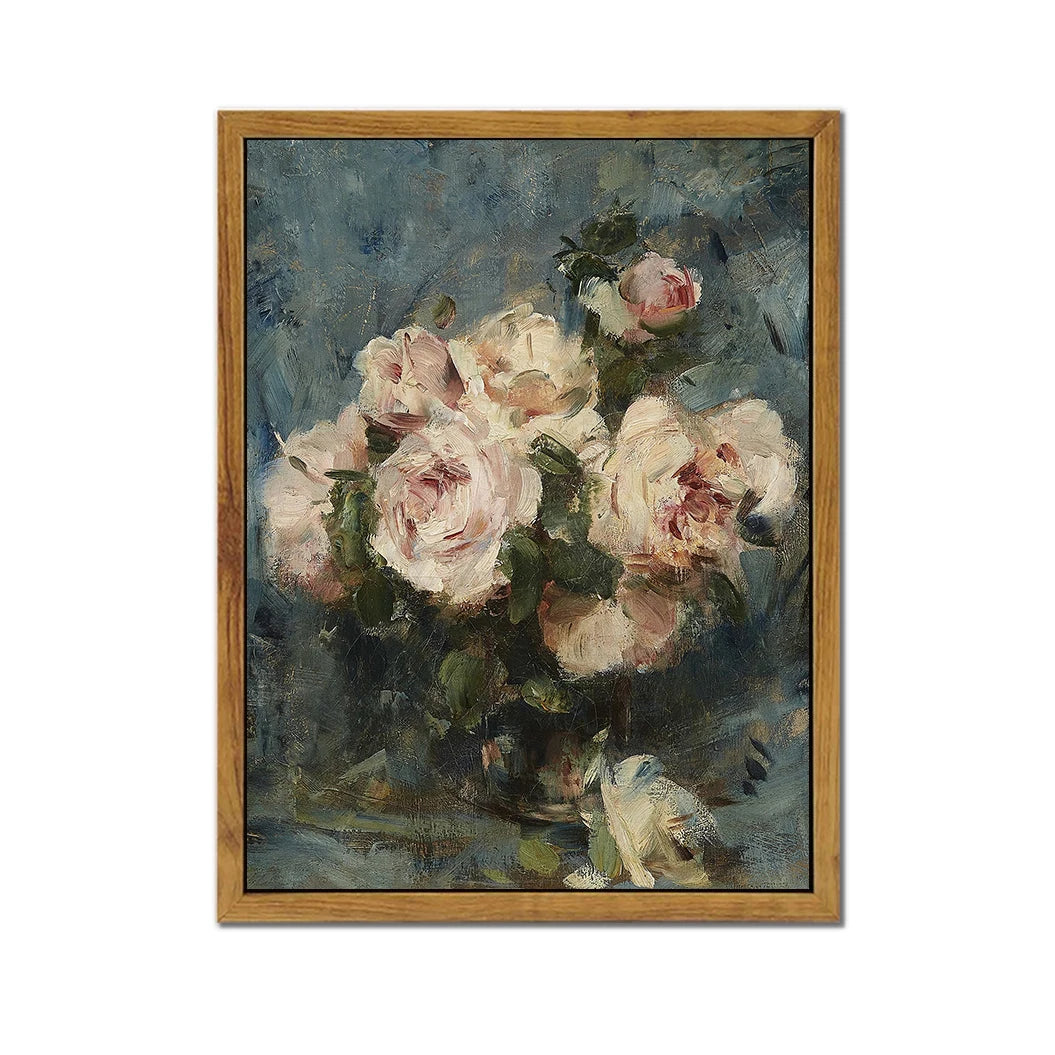 Floral still life oil painting print featuring a bouquet of soft pink roses in a wooden frame