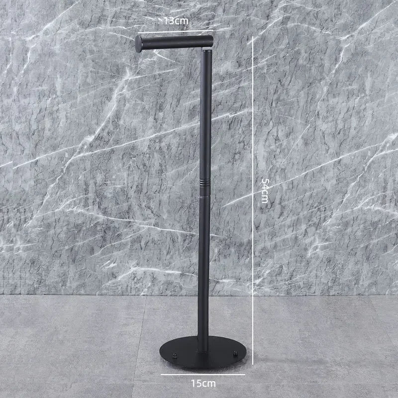 Freestanding toilet paper holder with brush in sleek black design for modern bathrooms