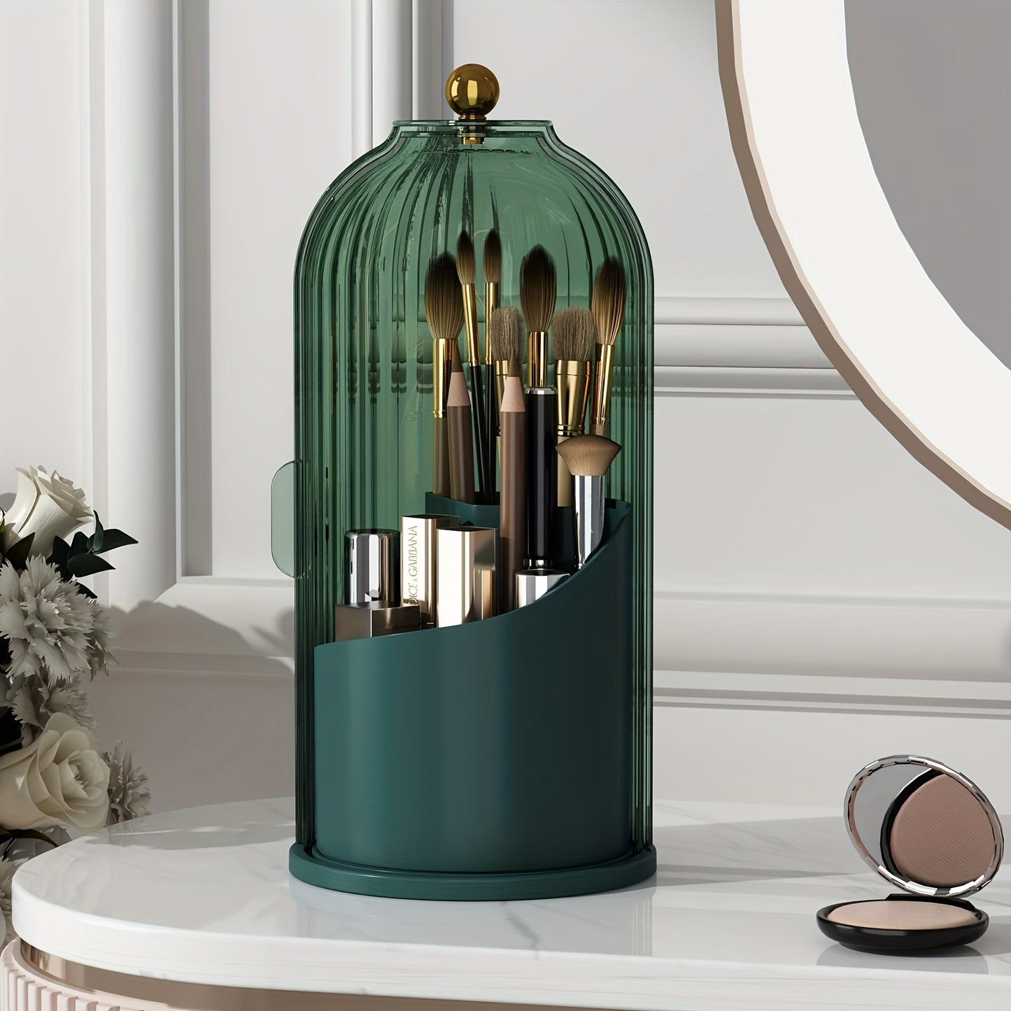 Nutshell functional makeup organizer with brush holder in green glass design for stylish bathroom storage