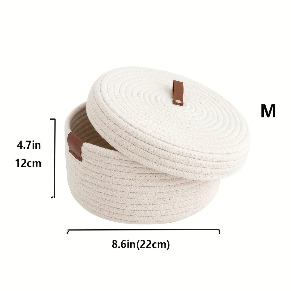 Functional Woven Basket with Lid in cream color, measuring 8.6 inches by 4.7 inches, ideal for storage