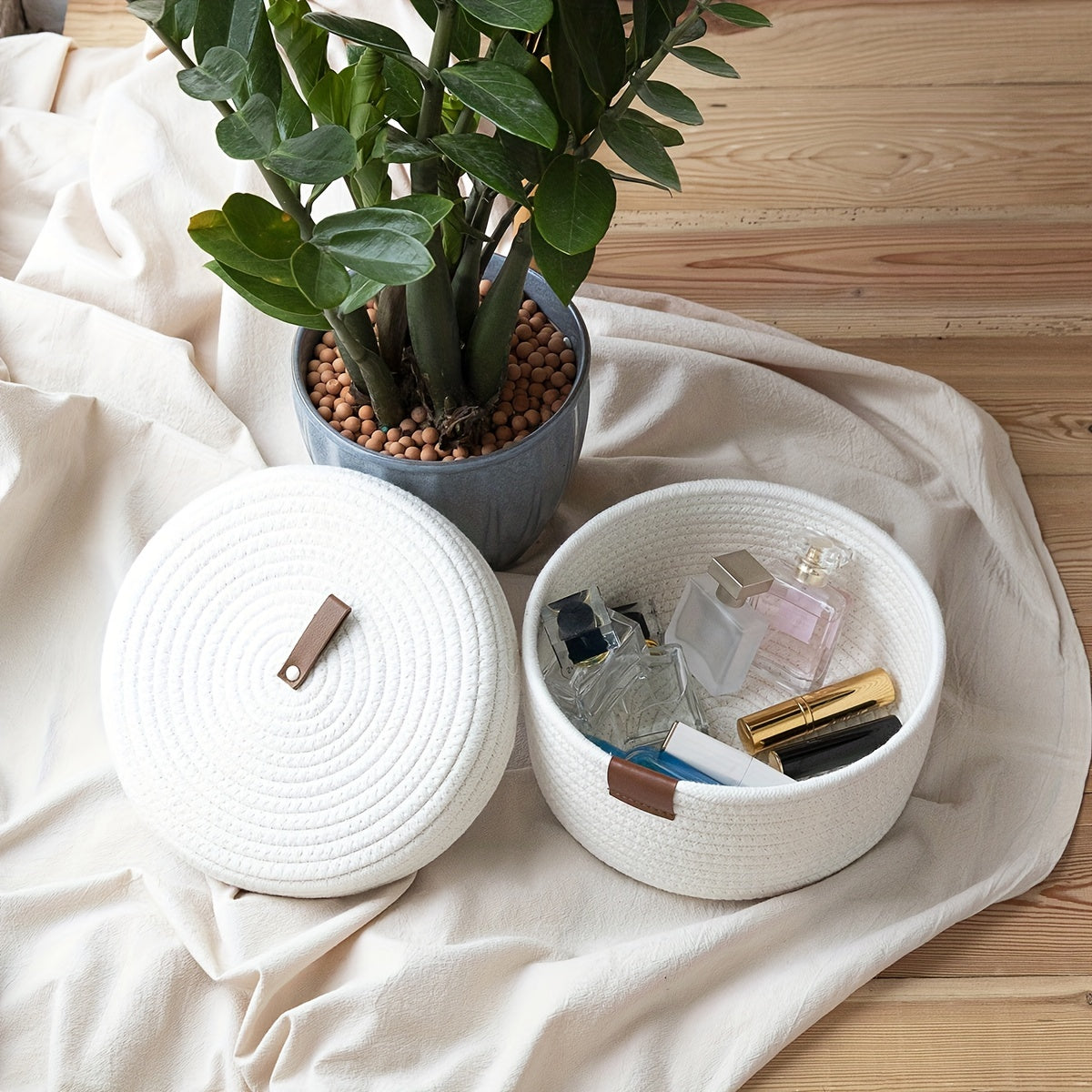 Functional Woven Basket with Lid, perfect for organizing beauty products and home decor
