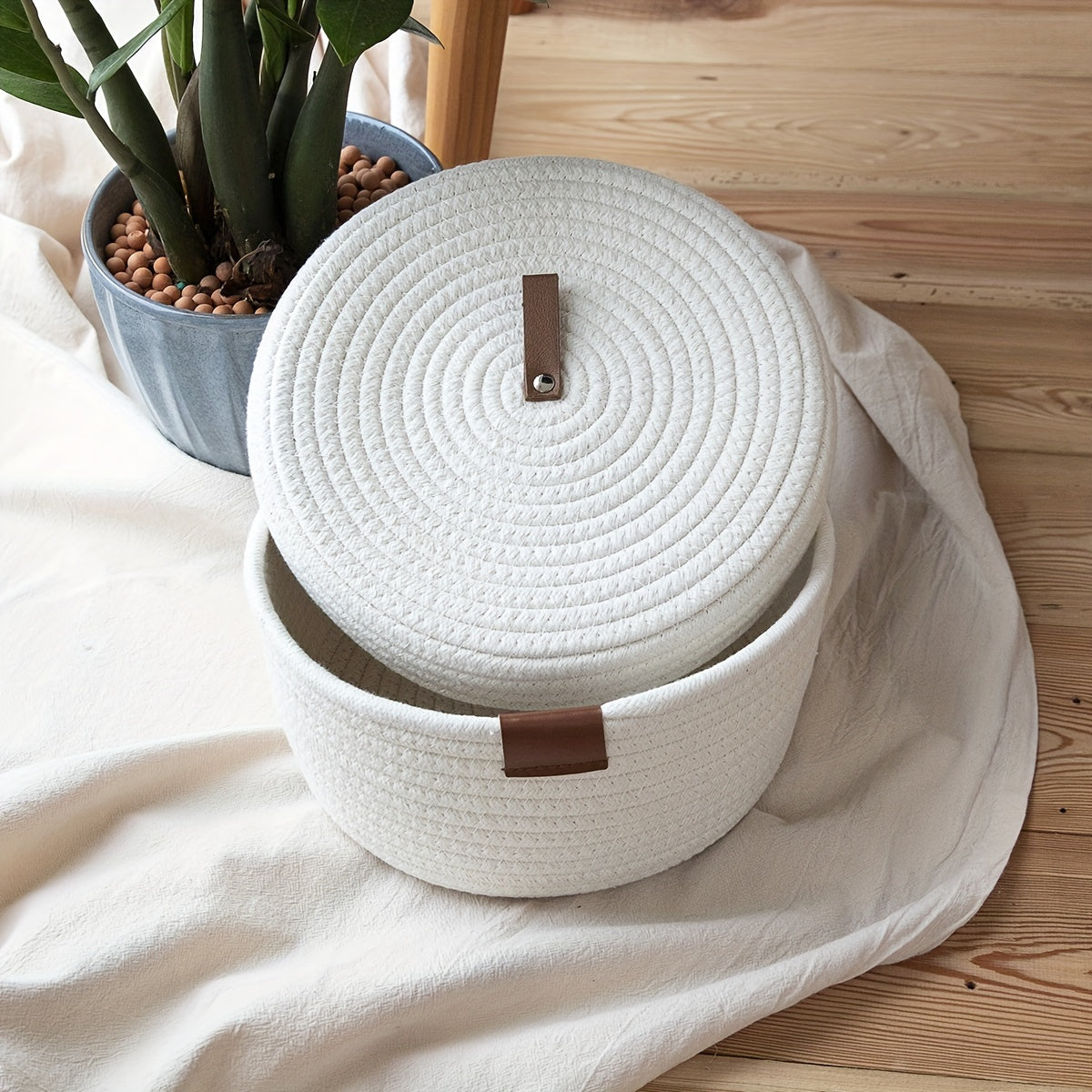 Functional Woven Basket with Lid in White, perfect for organizing and stylish storage solutions