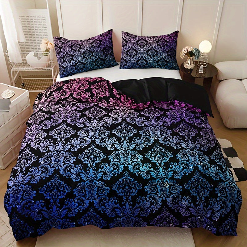 Gradient Mandala Duvet Cover Set featuring a vibrant black base with colorful mandala patterns