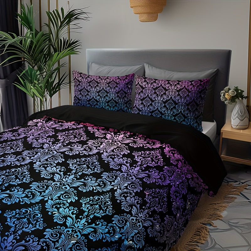 Gradient Mandala Duvet Cover Set in Black and Purple with Stylish Pillow Shams
