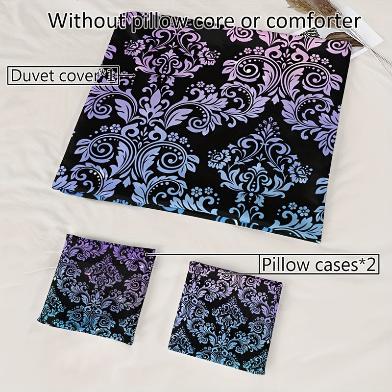 Gradient Mandala Duvet Cover Set featuring elegant floral patterns in purple and blue tones
