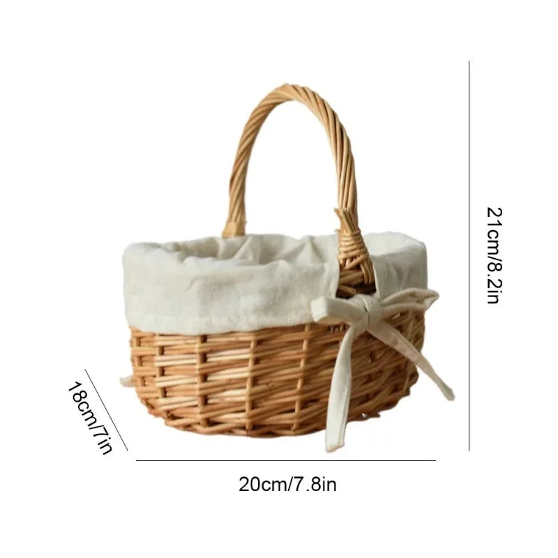 Nutshell handcrafted wicker basket with fabric lining and handle, 20cm by 21cm size
