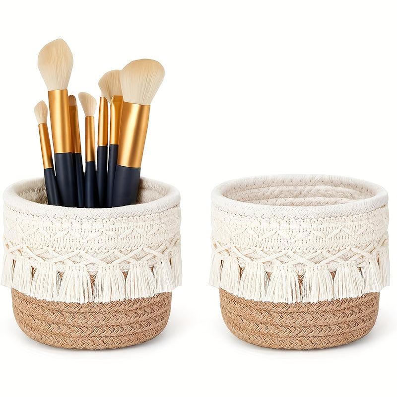 Nutshell handcrafted woven storage basket with decorative fringe, ideal for organizing brushes and small items