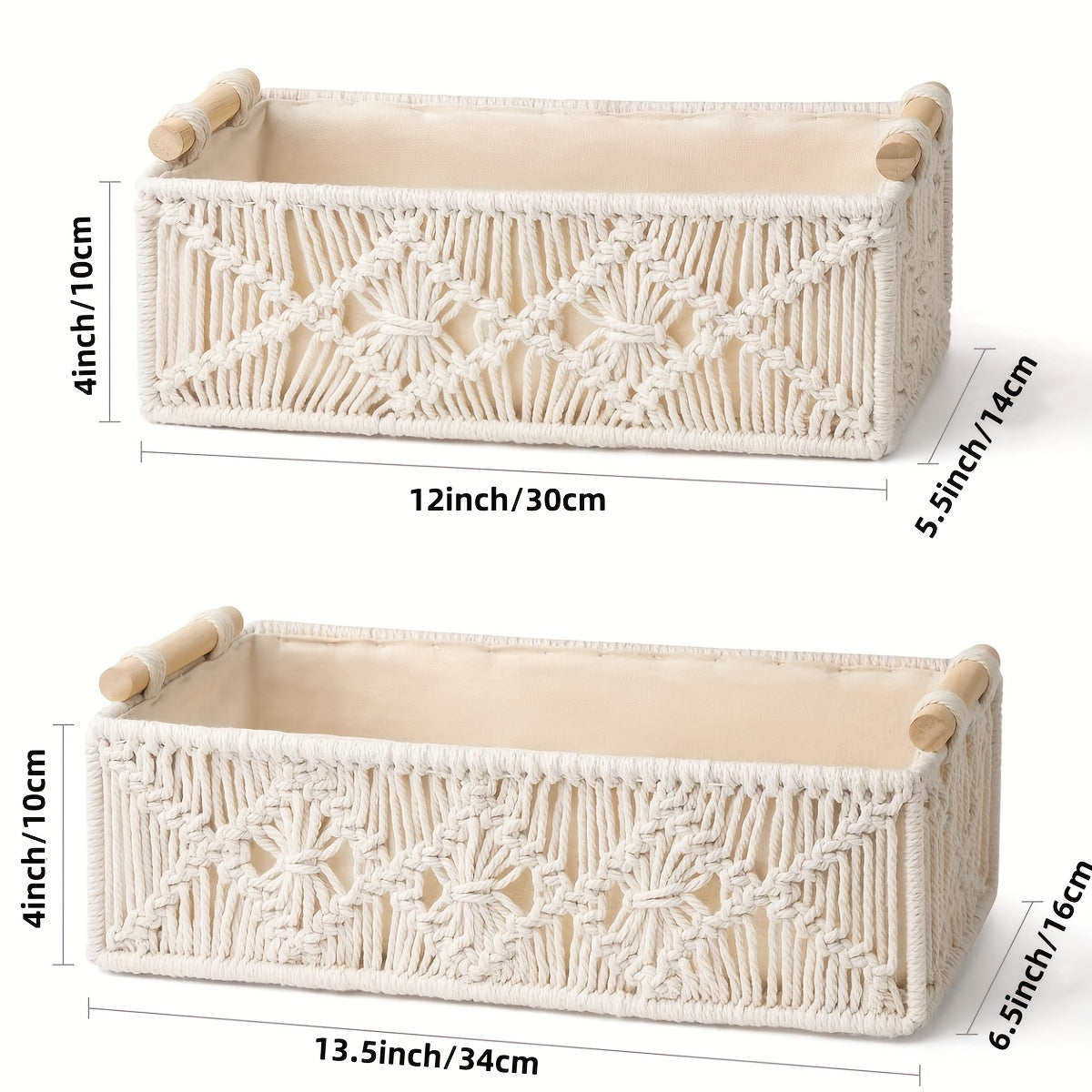 Handmade macrame storage baskets in cream with wooden handles for stylish organization