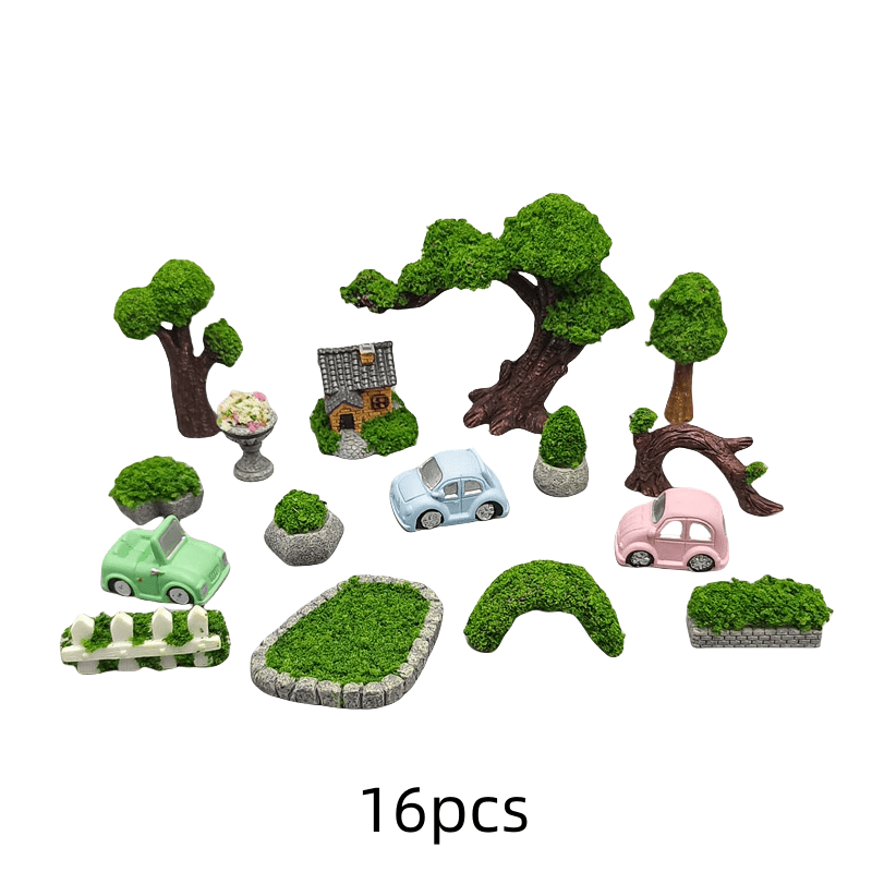 16-piece handmade resin zen garden decor set featuring miniature trees, cars, and structures for creative landscaping
