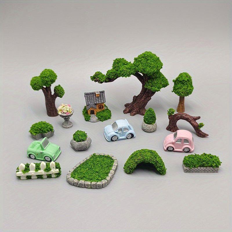 Handmade resin zen garden decor featuring miniature trees, cars, and a house for tranquil settings