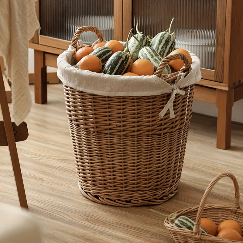 Handmade Woven Basket with a Fabric Insert filled with fresh fruits in a cozy home setting