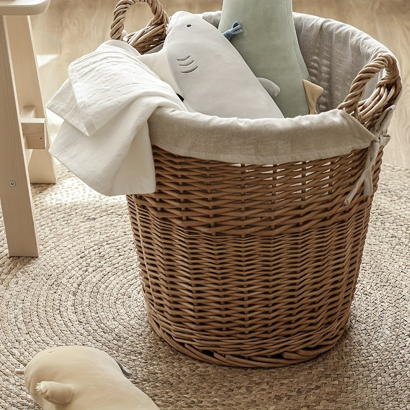 Handmade Woven Basket with a Fabric Insert, perfect for organizing toys and blankets in a cozy space