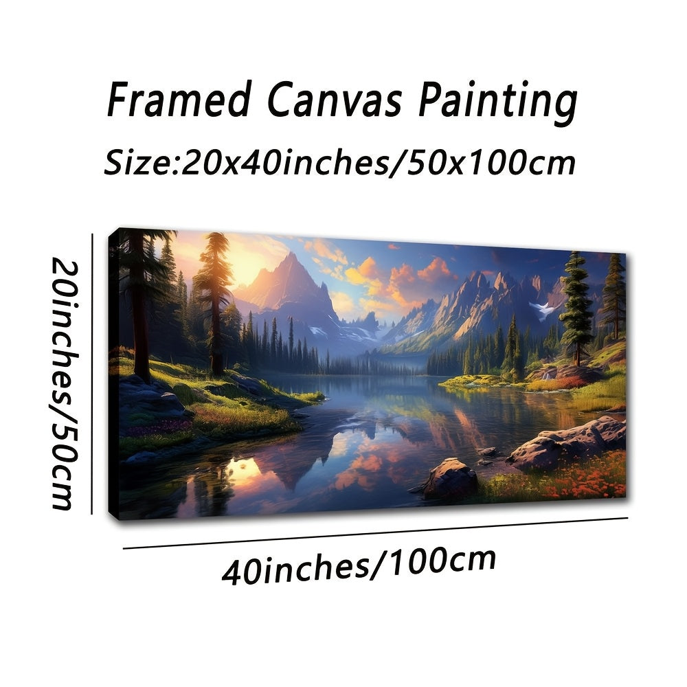 Framed canvas painting of High Mountains and Flowing Water featuring vibrant colors and serene landscape
