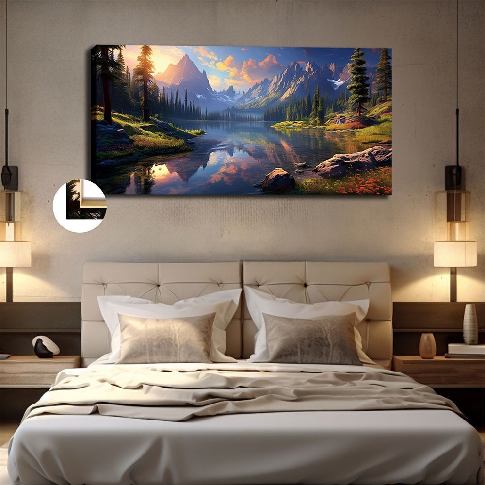 Beautiful landscape canvas print of High Mountains and Flowing Water, perfect for bedroom decor.