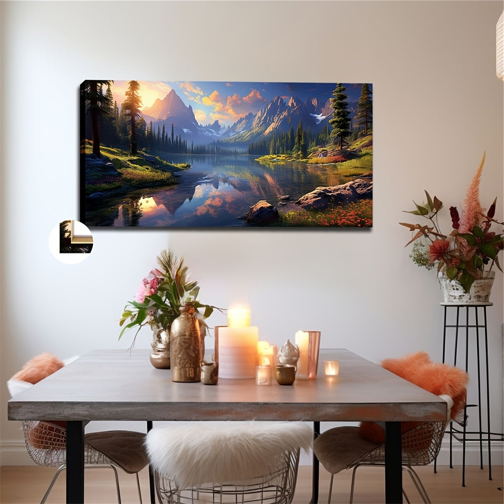 Stunning canvas art featuring High Mountains and Flowing Water reflecting in a serene landscape