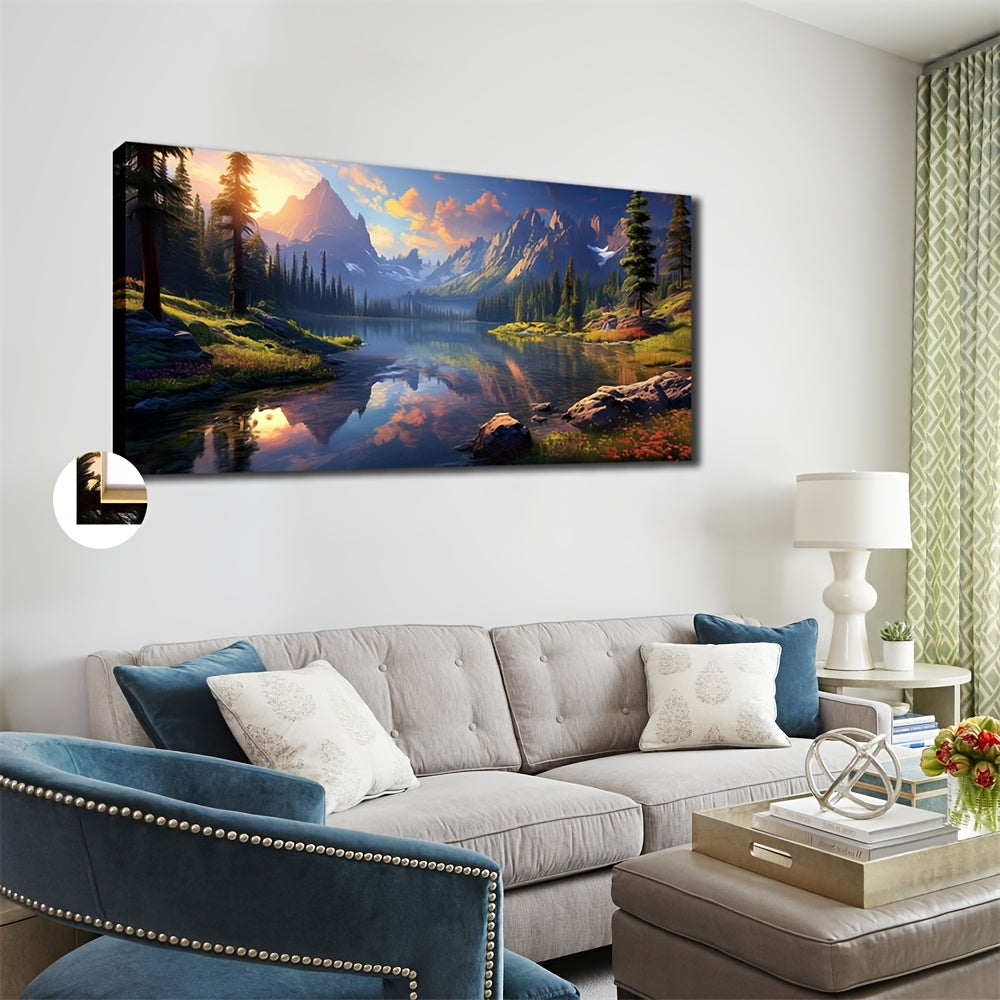 Beautiful landscape painting of High Mountains and Flowing Water in a modern living room setting