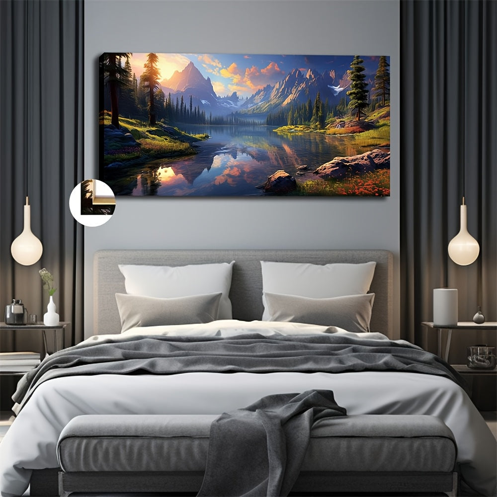 Stunning wall art featuring High Mountains and Flowing Water creating a serene bedroom atmosphere