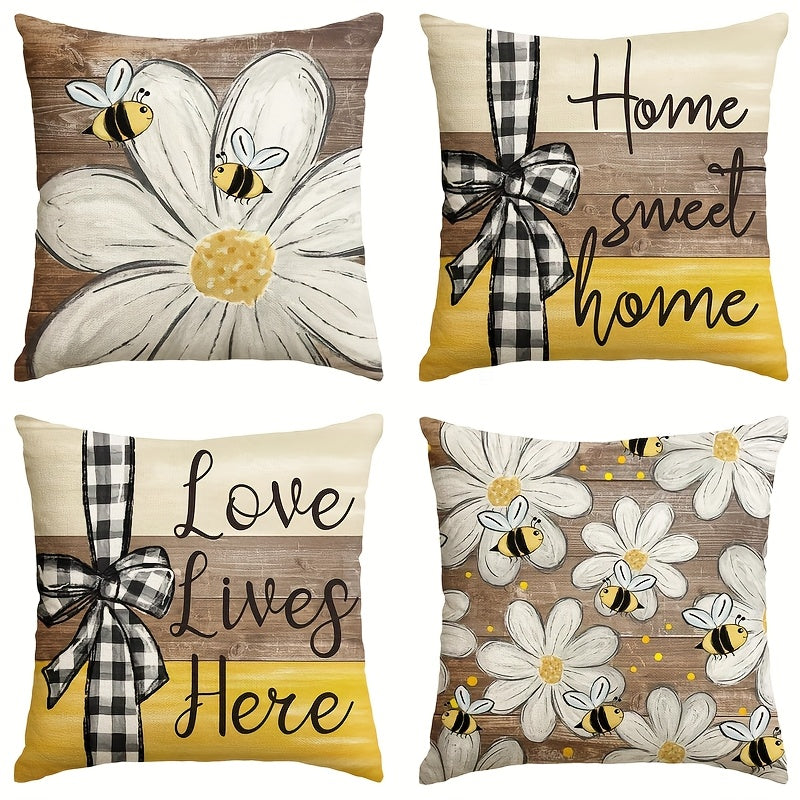 Set of decorative cushions featuring flowers and bees with home sweet home sofa decor design