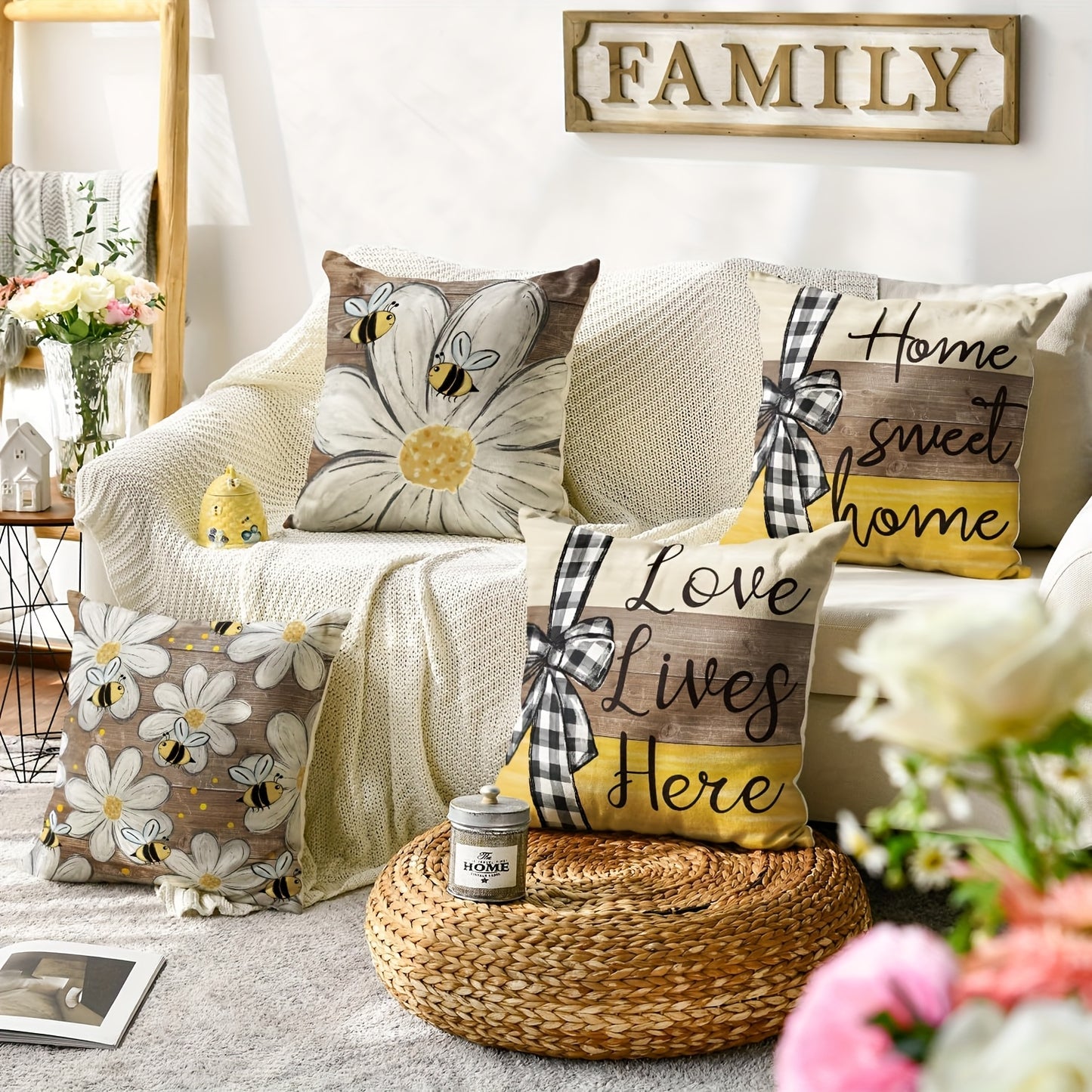 Nutshell home sweet home sofa decor cushions featuring floral designs and inspirational quotes for cozy living spaces