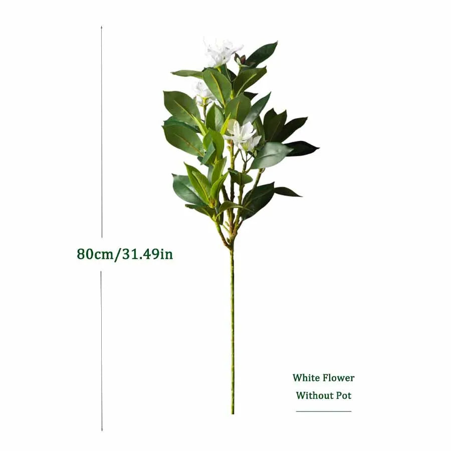 Nutshell faux plant single stem with white blooms and green leaves realistic artificial magnolia tree for living room