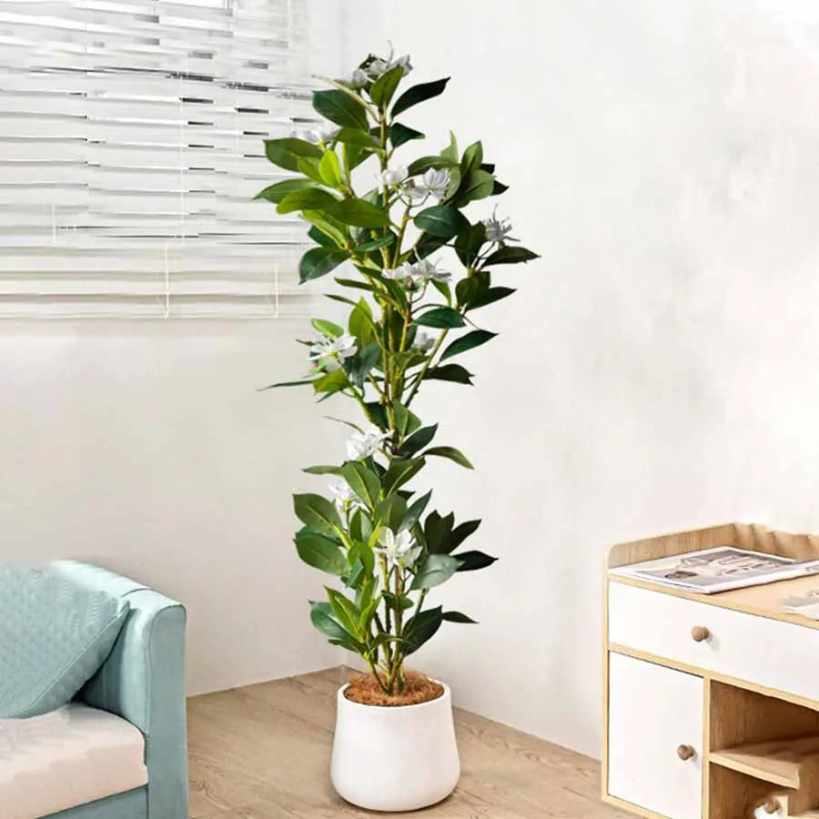 Nutshell realistic artificial magnolia tree for living room in white ceramic pot with white blooms