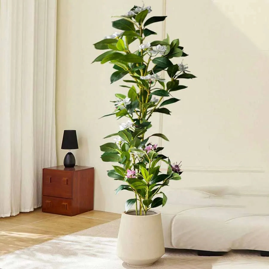 Nutshell realistic artificial magnolia tree for living room tall potted faux magnolia with white blooms beside sofa