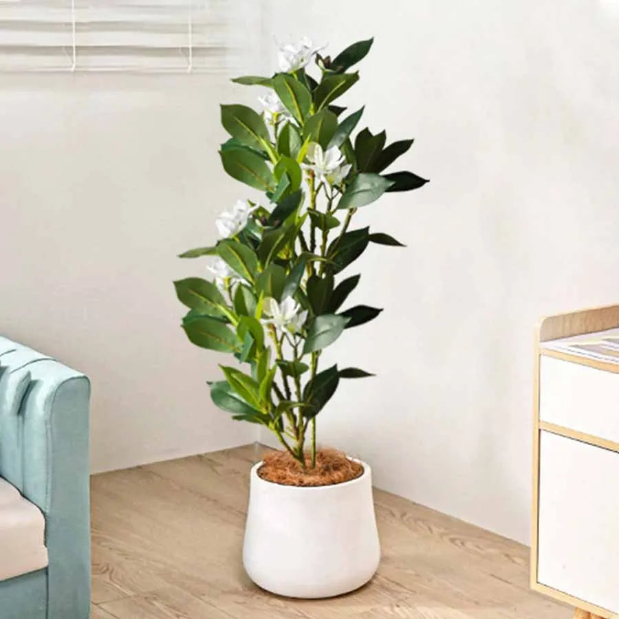 Nutshell realistic artificial magnolia tree for living room in white pot with glossy green leaves and white flowers