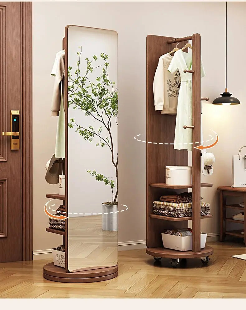 Rotating Full Length Mirror by Nutshell in walnut wood with built in coat hooks shelves and casters