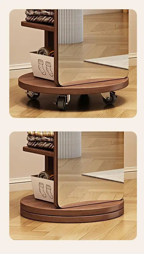 Nutshell Rotating Full Length Mirror on wooden round base with swivel casters and alternate fixed base option