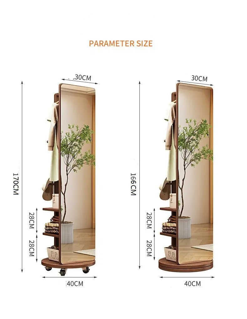 Nutshell Rotating Full Length Mirror with wooden frame shelving and 360 degree rotating base