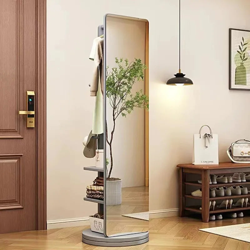 Nutshell Rotating Full Length Mirror freestanding with shelves and hooks for entryway and bedroom