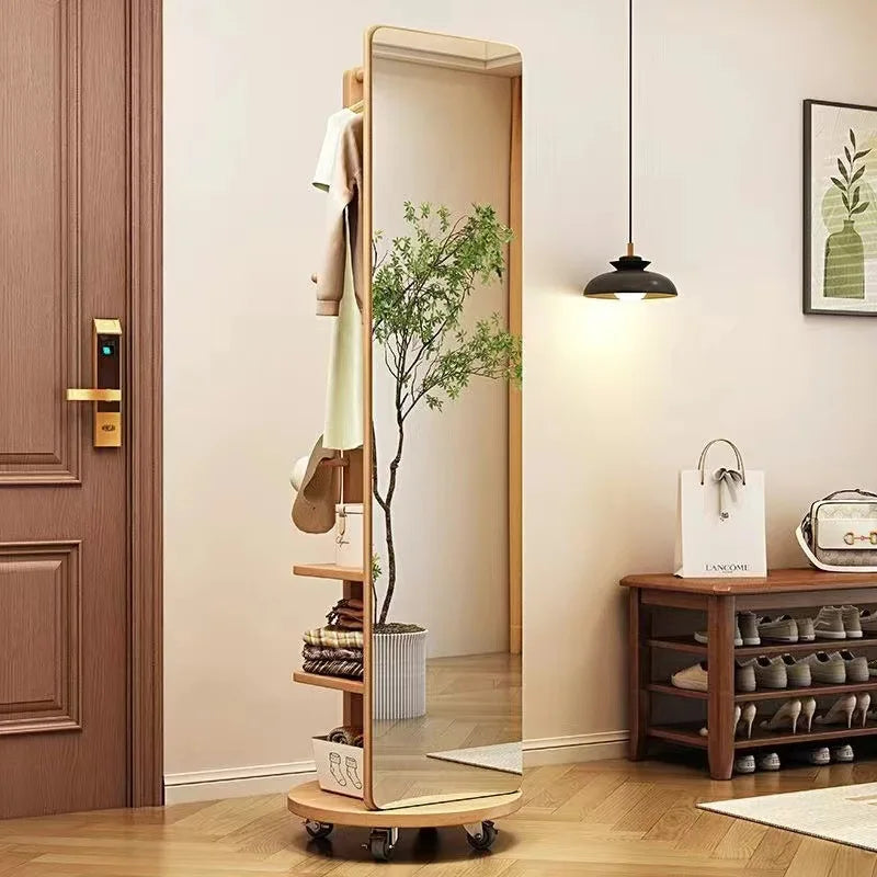 Nutshell Rotating Full Length Mirror wood frame with built in shelves hooks and casters for entryway storage