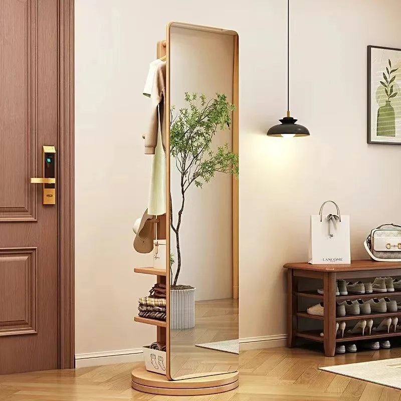 Nutshell Rotating Full Length Mirror with wooden frame shelves hooks and swivel base for entryway