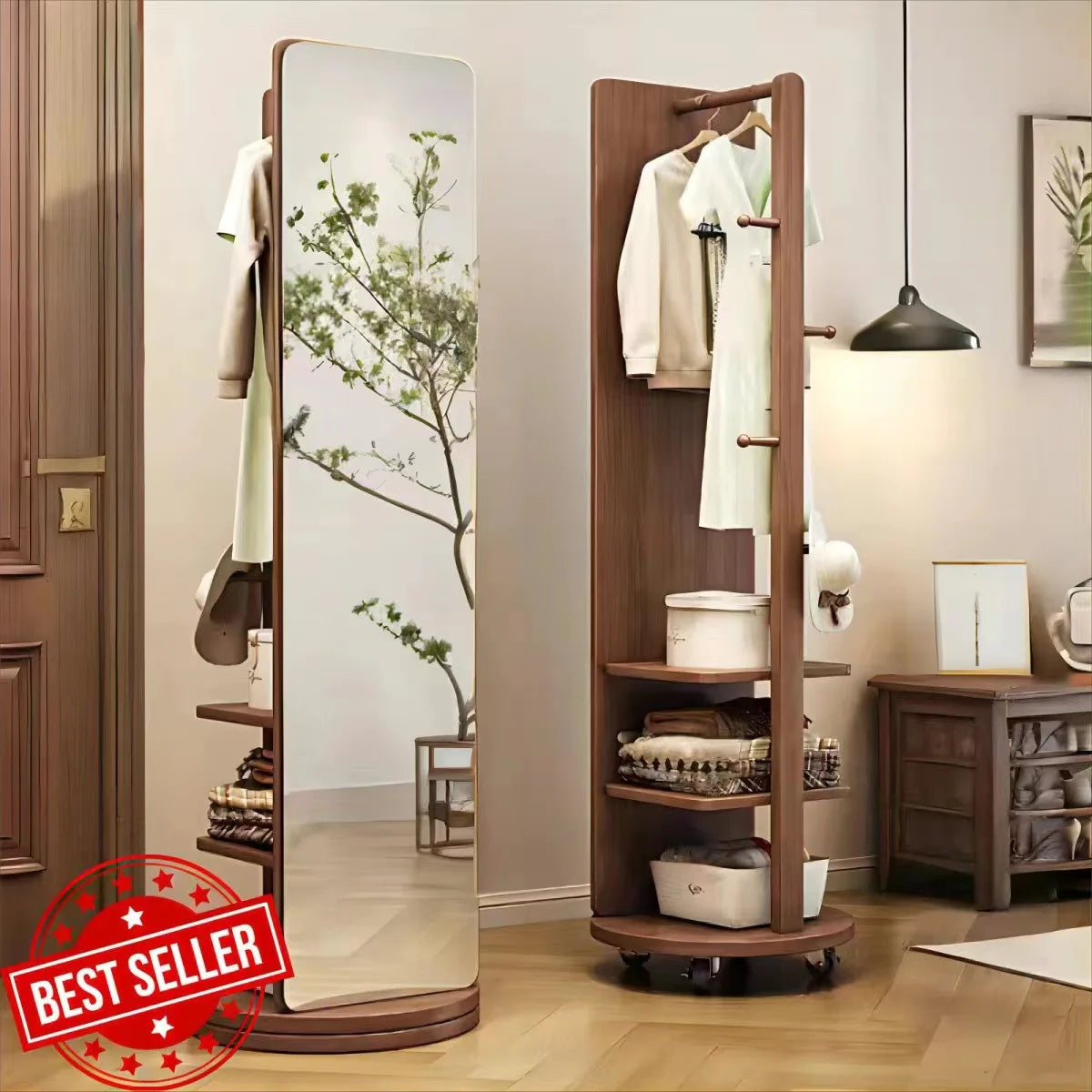 Nutshell Rotating Full Length Mirror with wooden storage shelves hooks and space saving design