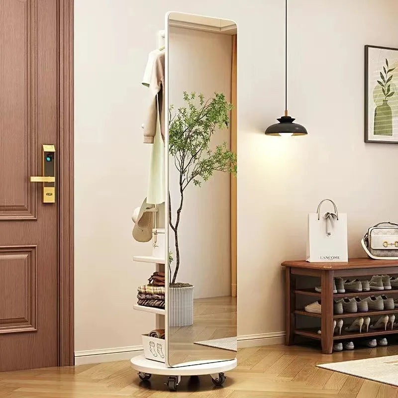 Nutshell Rotating Full Length Mirror with shelves hooks and wheeled base for entryway storage