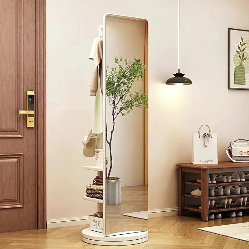 Nutshell Rotating Full Length Mirror with built in shelves and hooks on round base in entryway