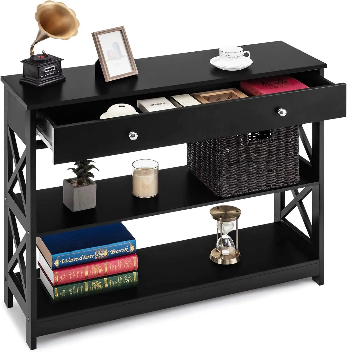 Nutshell 3-Tier Console Table in black with drawer open two shelves X side panels and wicker basket