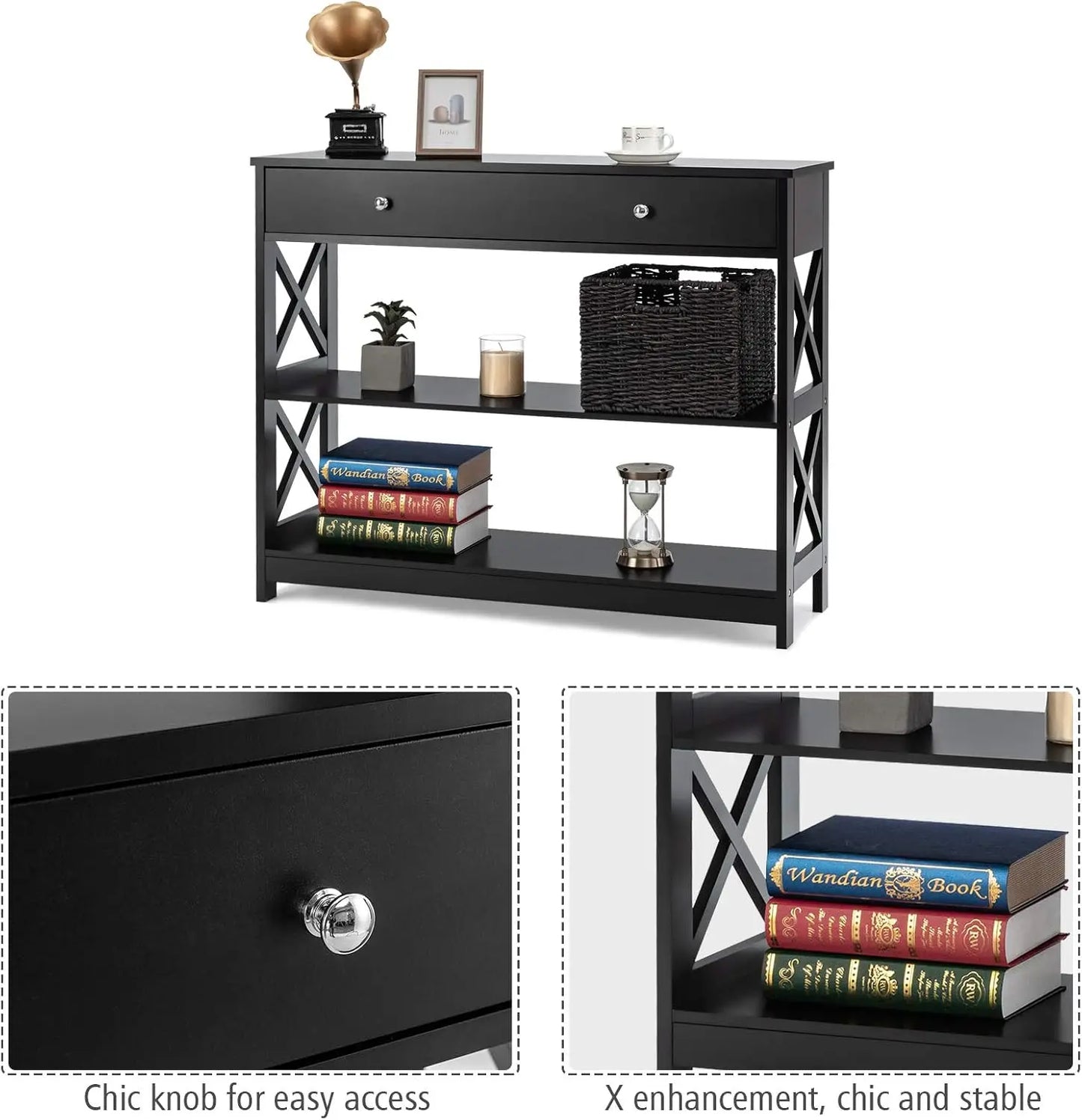 Nutshell black wood 3-Tier Console Table with drawer knob X-frame sides and open lower shelves