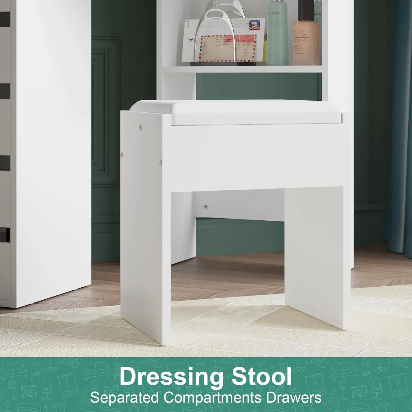 Nutshell white dressing stool under shelving highlighting Corner Vanity Desk 5 Drawers storage