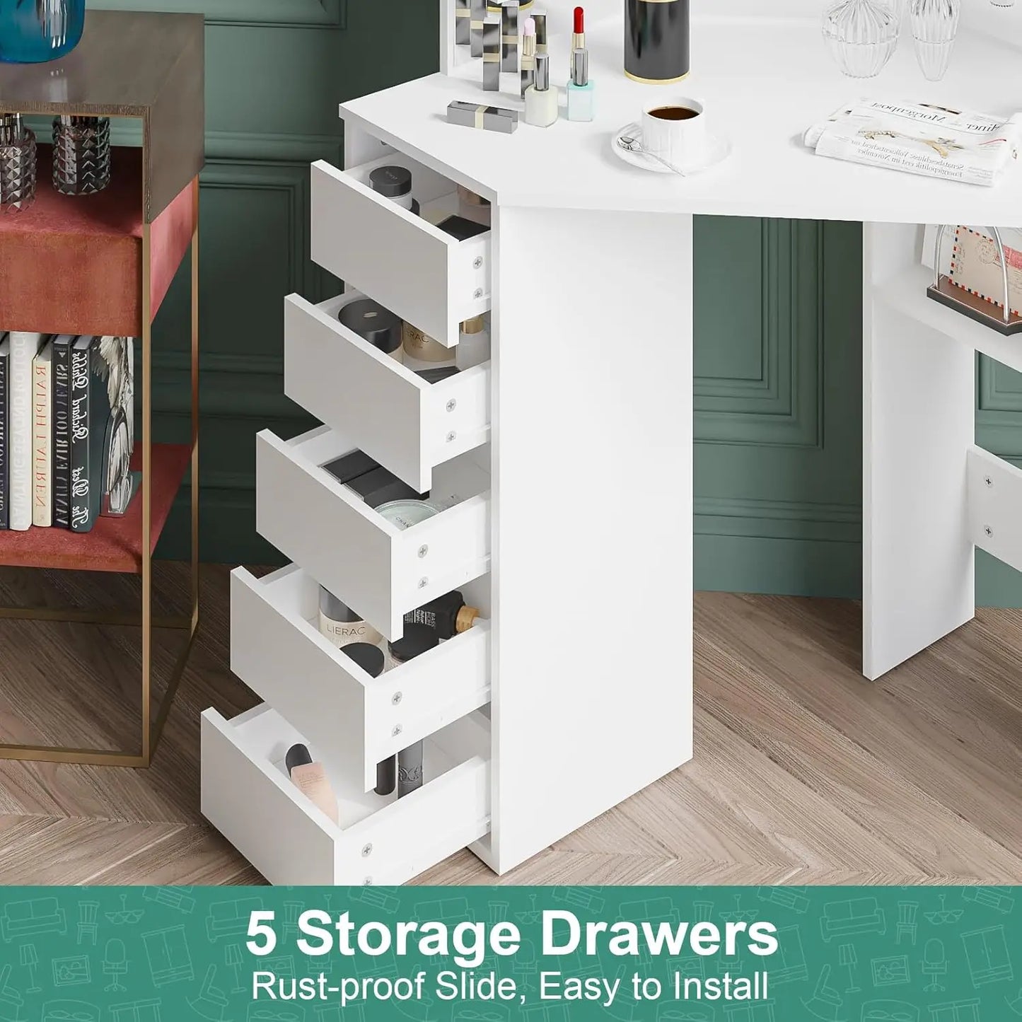 Nutshell white Corner Vanity Desk 5 Drawers with five open drawers holding makeup and cosmetics on wood floor
