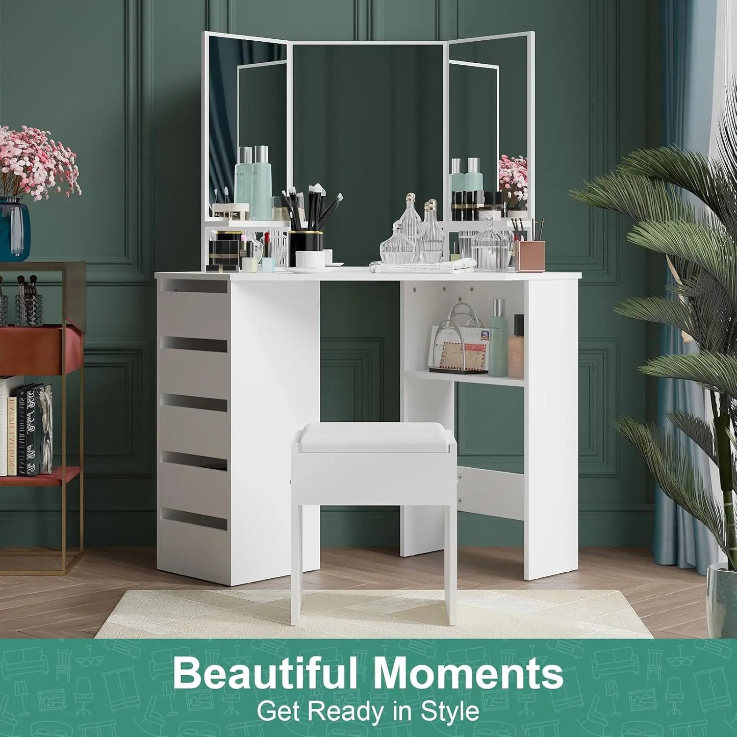 Nutshell white Corner Vanity Desk 5 Drawers with tri fold mirror stool and organized makeup storage