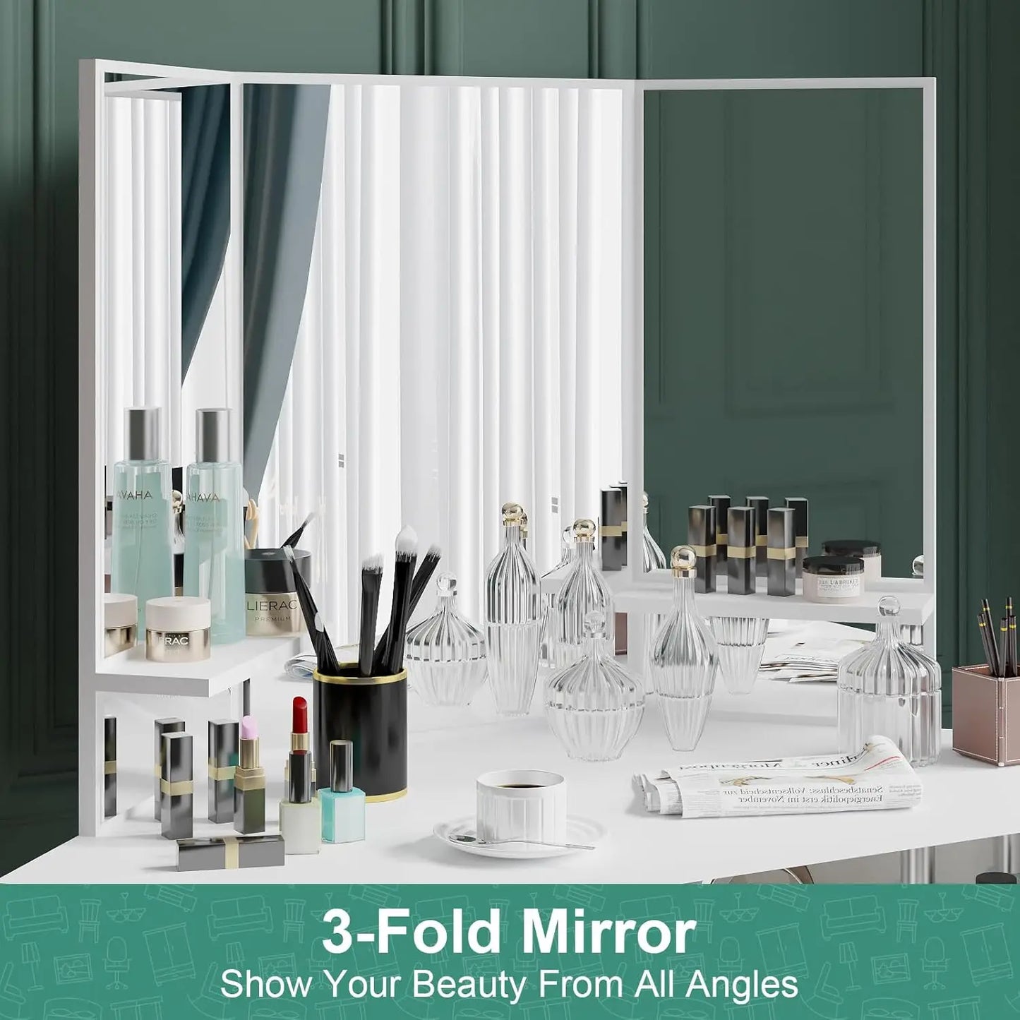 Nutshell Corner Vanity Desk 5 Drawers white three fold mirror with makeup brushes glass bottles and cosmetics
