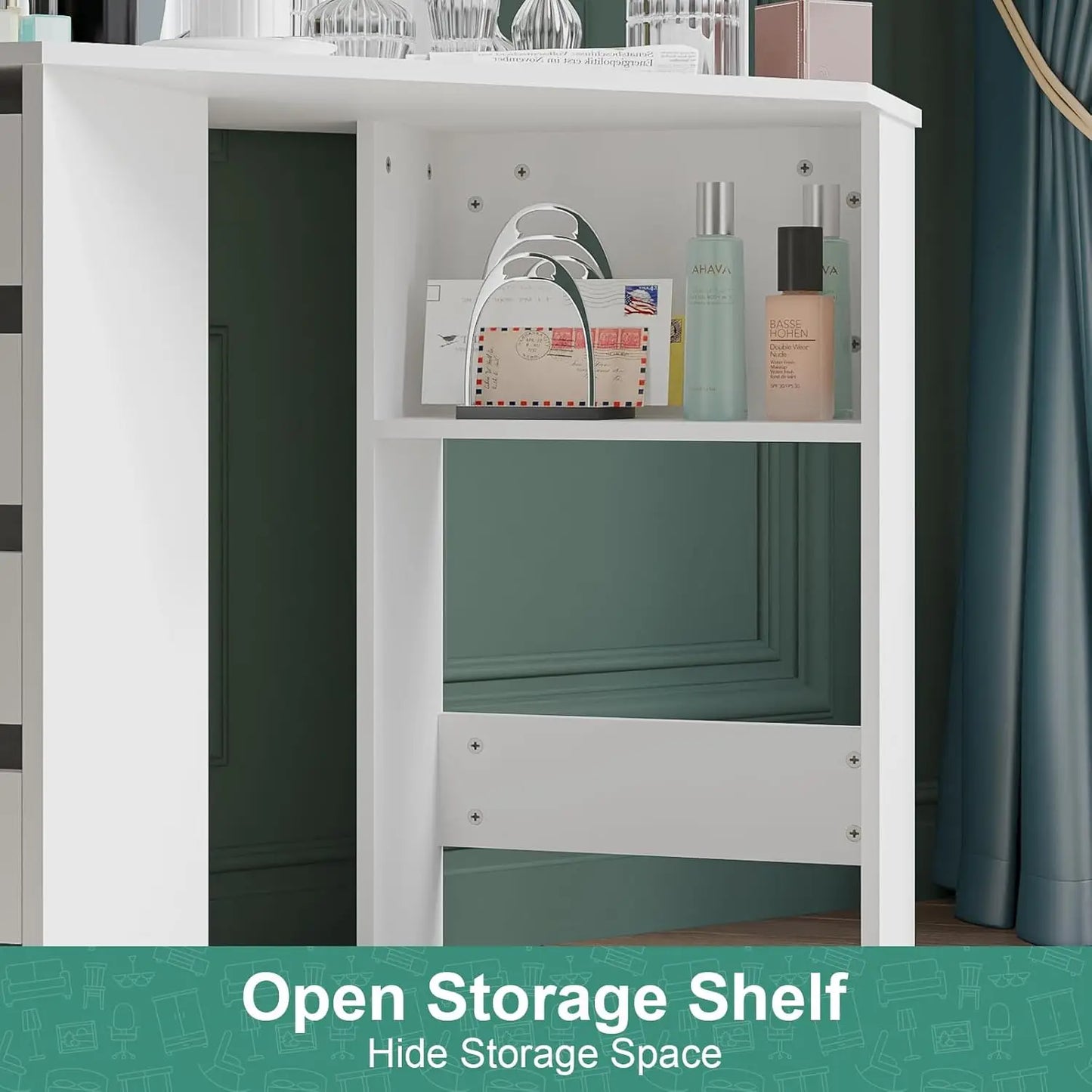 White Nutshell Corner Vanity Desk 5 Drawers open storage shelf holding skincare bottles mirror and cards