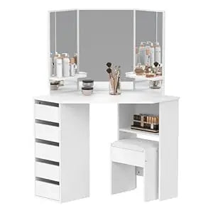 White Nutshell Corner Vanity Desk 5 Drawers with tri fold mirror stool open shelf and makeup accessories