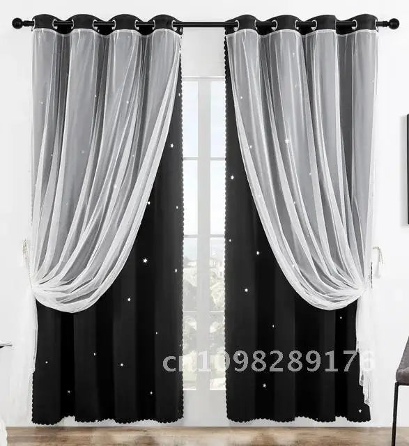 Nutshell Double Layer Sheer Star Curtains black blackout panels with white sheer overlay and star accents