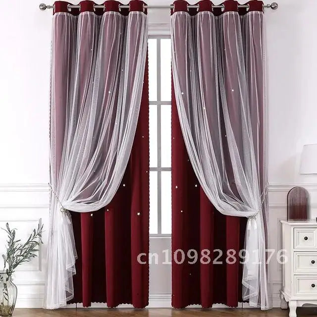 Nutshell Double Layer Sheer Star Curtains burgundy blackout panels with white star sheer overlay grommet top tiebacks