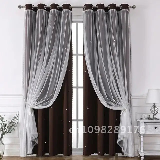 Nutshell Double Layer Sheer Star Curtains brown blackout panels with white sheer star overlay and grommet top hanging