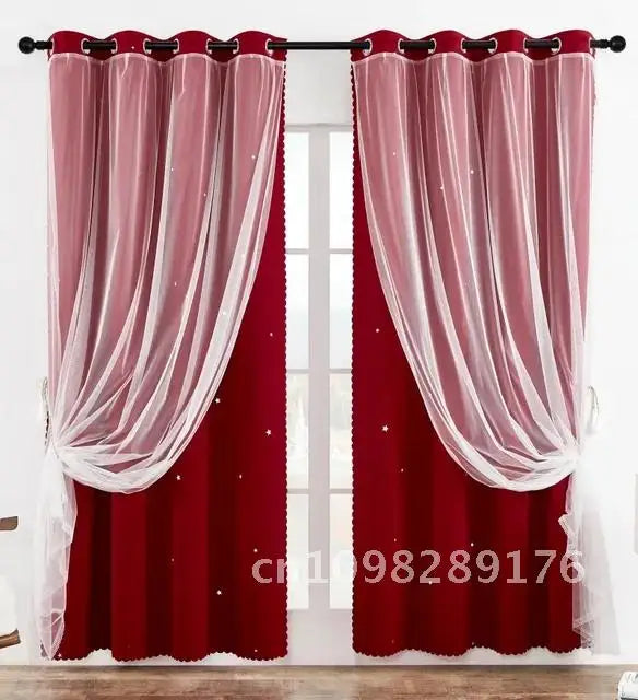Nutshell Double Layer Sheer Star Curtains red blackout panels with white sheer overlay and star accents