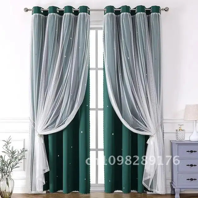 Nutshell Double Layer Sheer Star Curtains emerald green blackout panels with white star sheer overlay grommet top tied back