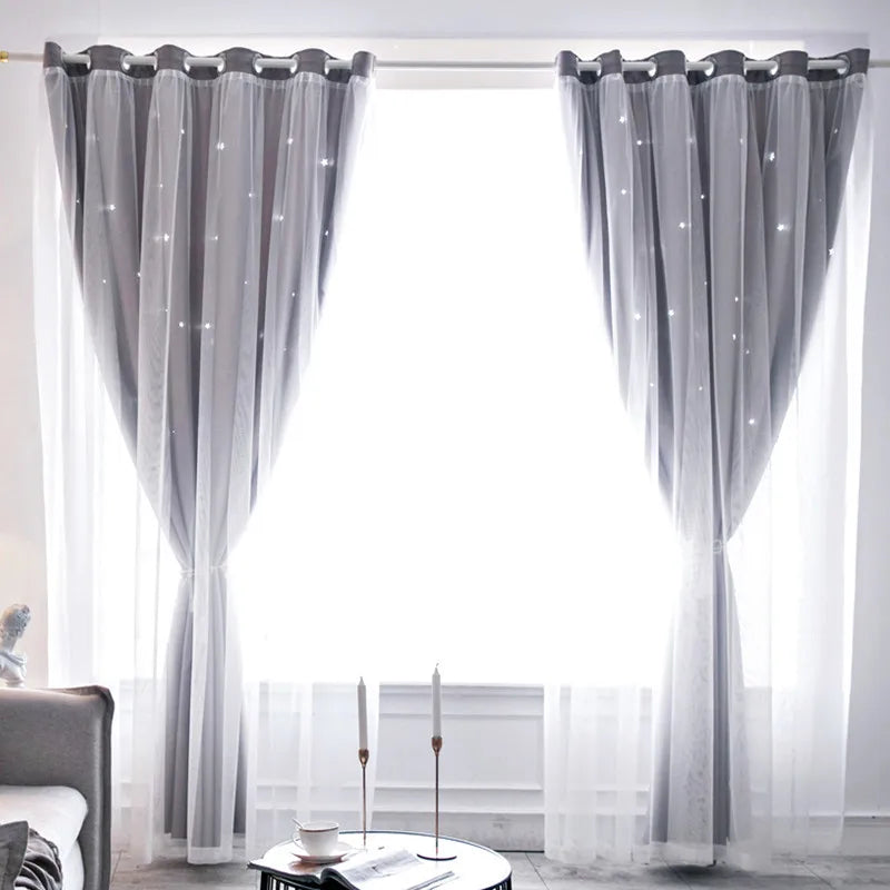Double Layer Sheer Star Curtains by Nutshell gray grommet top window panels with twinkle star pattern for living room